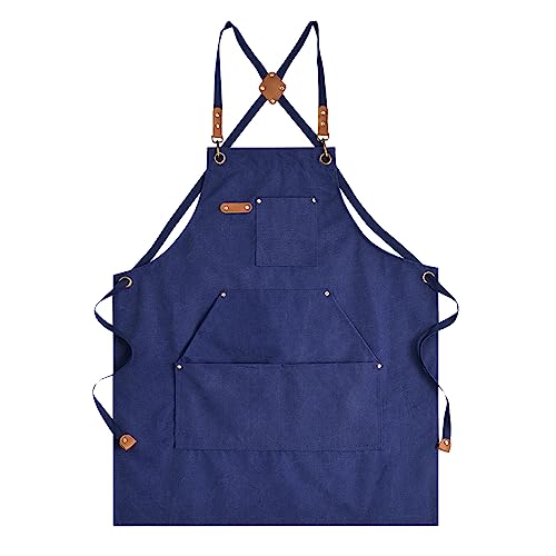 Aoomzoon Canvas Aprons for Men Chef Apron, Work Apron with Large Pockets - 16oz Heavy Duty Cross Back, BBQ, Cooking - color: Blue