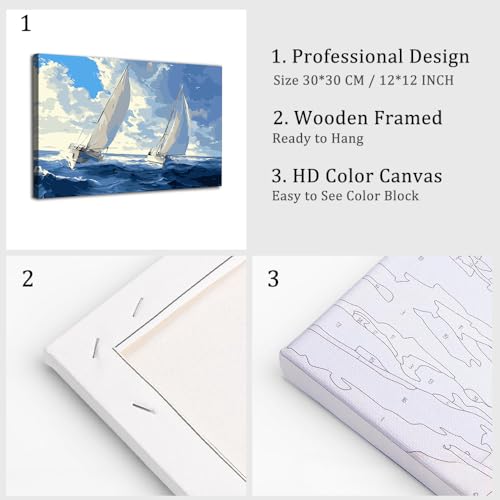 Natuyalo Framed Paint by Numbers Kit for Adults Beginner, Sailboat in Waves Adult Paint by Number Kits on Canvas, DIY Acrylic Paint by Number for Adults with Frame 12x16 Inch - color: Color-05