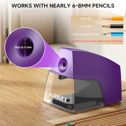 Electric Pencil Sharpener for 6 to 8 mm Pencils Helical Blade Fast 4 Second Sharpening Large Shavings Bin Non Slip Feet Safe Design for Classroom Office and Home Purple(S1131) - color: Purple