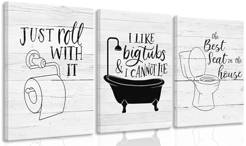 3Pcs Framed Funny Bathroom Quotes Canvas Wall Art, Black White Toilet Paper Bathtub Posters Prints Artwork, Minimalism Washroom Painting Pictures Wall Decor,for Bathroom Home Decoration 12x16in - color: Tub, size: 16"L x 12"W Canvas