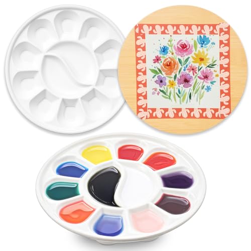 1 Pcs 7 Inches Ceramic Watercolor Paint Palette with Lid Washable Round 12 Wells Porcelain Mixing Tray for Gouache Acrylic Oil Painting Art Professional Artist Travel Chinese Painting Gift