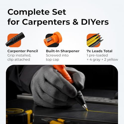 THORVALD New 3-in-1 Carpenter Pencils with Finger Grip for Construction - Incl. 7 Leads + Sharpener - Solid Mechanical Pencils with Fine Point/Best Marking tools Construction/Carpenters/Scriber