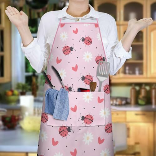 Apron with 2 Pockets,Kitchen Chef Artist Aprons for Cooking Gardening Baking Painting, Waterproof Apron 33" x 27" - color: Ladybug