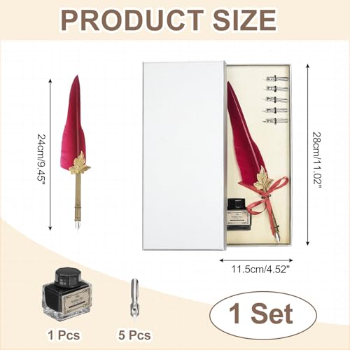 PATIKIL Feather Quill Pen Set, 1 Set Vintage Feather Calligraphy Pen Fountain Dip Pen Set with Ink, Pen Holder and Replacement Nibs for Beginner Writer Writing Gift, Dark Red(Silver Box) - color: Dark Red