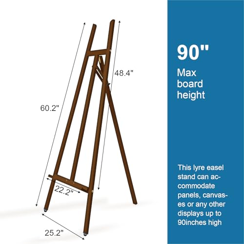 A-Frame Wooden Display Easel, Lyre Beechwood Studio Easel Stand, Brown | Adjustable Holding Canvas Up to 90", Inclinable Artist Floor Painting Easel for Artwork Painting - color: Brown