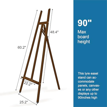 A-Frame Wooden Display Easel, Lyre Beechwood Studio Easel Stand, Brown | Adjustable Holding Canvas Up to 90", Inclinable Artist Floor Painting Easel for Artwork Painting - color: Brown