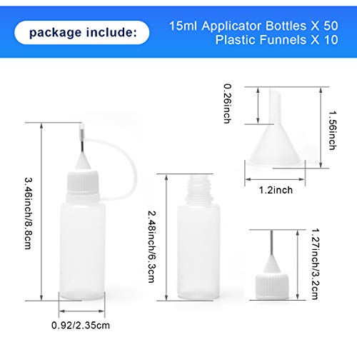 Adecco Precision Tip Applicator Bottle, Glue Applicator Bottles, 50 PCS 15ml Precision Tip Applicator Bottles with 10 Plastic Funnels, for Acrylic Painting, Quilling, Alcohol Ink(Precision Tip Bottle)