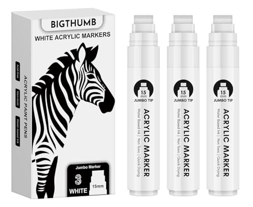 BIGTHUMB Thick White Jumbo Poster Markers: 3 Pcs 15mm Wide Tip Large Acrylic Paint Pens Big Permanent Markers Calligraphy Marker for Rock Painting, Sign, Canvas, Glass, Wood, Ceramic - color: White