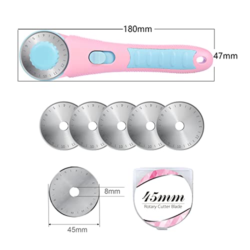 Headley Tools Rotary Cutter with 5pcs 45mm Rotary Blade, Bearing Design Rolling Cutter with Safety Lock for Fabric Sewing Quilting Cloth Leather Paper and Arts & Crafts(Pink) - color: Pink with Bearing, size: 45mm
