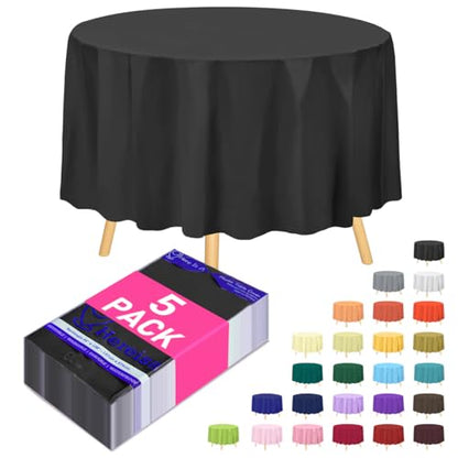 Black Round Disposable Plastic Tablecloth 84 Inch [5-Pack] - Waterproof, Oil-Resistant for Parties & Events - color: Fa1 - Black, size: 5 PACK | Round | 84 Inch