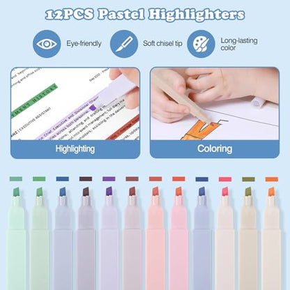 MoKo Pencil Case with Supplies, 56Pcs Aesthetic School Set, Pink | Includes 12 gel pens, 12 highlighters, 6 mechanical pencils, refills, sticky notes, index tabs, rulers and correction tapes. - color: Pink-56P