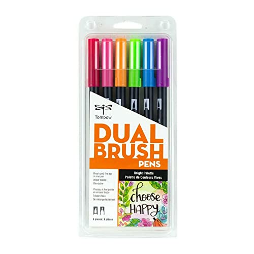 Tombow 56210 Dual Brush Pen Art Markers, Bright, 6-Pack. Blendable, Brush and Fine Tip Markers