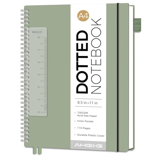 AHGXG Dotted Journal, Grid Spiral Notebook, 110 Pages, A4 (8.5" x 11") | 100 GSM Thick Dot Paper, Waterproof Plastic Cover Journals for Journaling, Sketching (Sage Green) - color: Sage Green, style: A4-Dotted