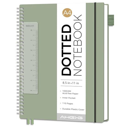 AHGXG Dotted Journal, Grid Spiral Notebook, 110 Pages, A4 (8.5" x 11") | 100 GSM Thick Dot Paper, Waterproof Plastic Cover Journals for Journaling, Sketching (Sage Green) - color: Sage Green, style: A4-Dotted