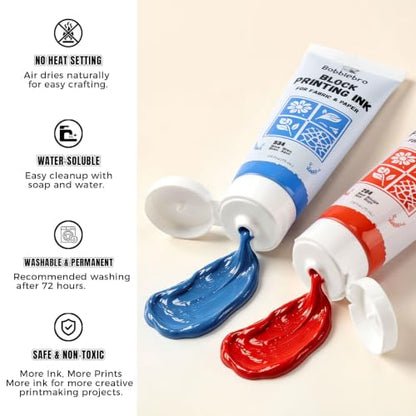 Block Printing Ink Set, 6 Colors, 2.6 oz Each, for Fabric & Paper