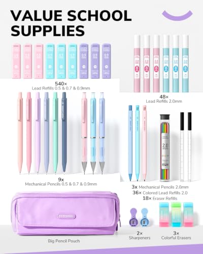 Four Candies 36PCS Mechanical Pencil Set with 624 Refills (Light Purple) - color: Light Purple
