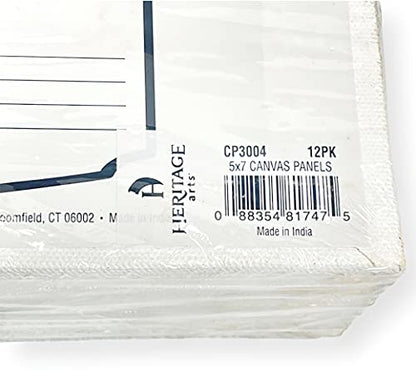 CP3004 Pack of 12 Primed Canvas Boards, 5" x 7"; Mounted to MDF Board; Pure Cotton Artist Canvas Primed with an Acrylic Plaster; Small Tooth Surface Finish