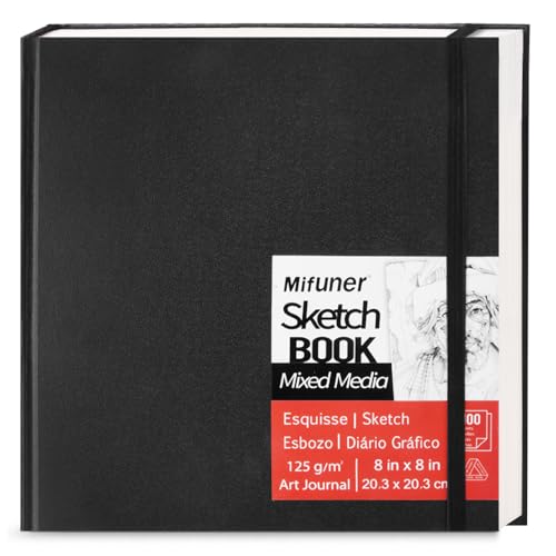 8x8" Mixed Media Sketchbook for Drawing,Hardcover Mix Media Art Sketchbook | 125GSM,100Sheets/200Pages, Hardcover Art Sketchbook for Dry Media,Painting,Drawing,Junk Journal Supplies - color: 8x8in-Black