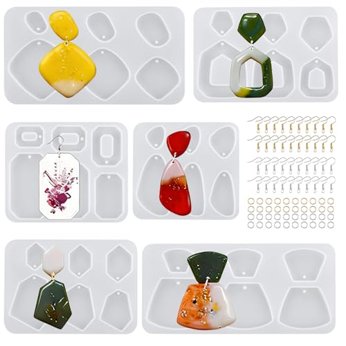 6Pcs Earring Resin Silicone Molds with 40 Earring Hooks, Epoxy Resin Jewelry Molds Silicone Set for Casting Irregular Shape Mold for Earrings Pendant Necklace Bracelet Keychain (6 Pcs-Medium) - size: 6 Pcs-Medium
