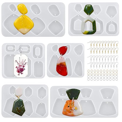 6Pcs Earring Resin Silicone Molds with 40 Earring Hooks, Epoxy Resin Jewelry Molds Silicone Set for Casting Irregular Shape Mold for Earrings Pendant Necklace Bracelet Keychain (6 Pcs-Medium) - size: 6 Pcs-Medium