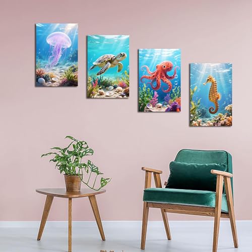 Muzagroo Art 4 Pcs Paint by Numbers Kits for Adults Framed Canvas with Wooden Easel DIY Sea Turtle Acrylic Oil Paintings Kits Paint by Numbers on Canvas Wall Art (8x12 inch) - color: Ocean