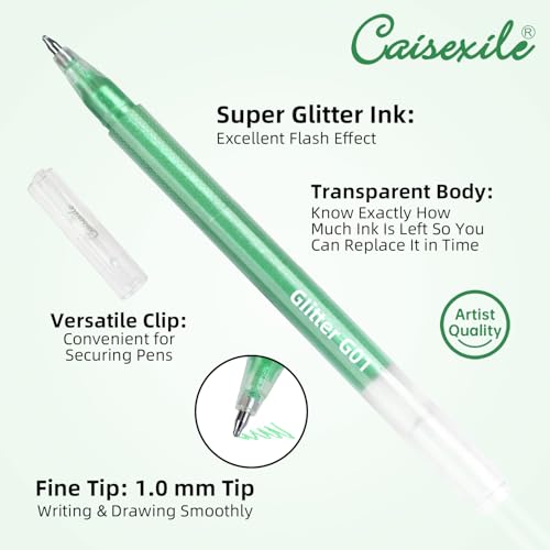 12 Green Glitter Gel Pens Set, 1.0 mm Fine Point for Black Paper & White Paper, Large Capacity Pens for Journaling, Adult Coloring Books, Drawing, Note Taking, Highlighting - color: green