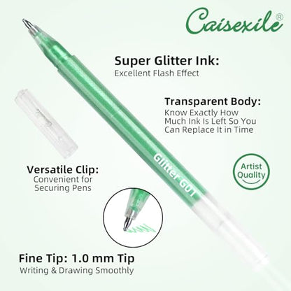 12 Green Glitter Gel Pens Set, 1.0 mm Fine Point for Black Paper & White Paper, Large Capacity Pens for Journaling, Adult Coloring Books, Drawing, Note Taking, Highlighting - color: green