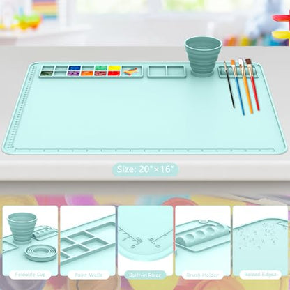 Silicone Painting Mat, 20"X16" Paint Mat with Cup, Siliocne Craft Pad for Clay, Watercolor Painting, Resin, Clay, Paint Pad with Raised Edge (Pale Blue) - color: Pale Blue