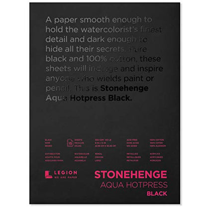 Stonehenge Aqua Black Medium Weight Pad, 140lb, Hotpress, 9 x 12 Inches, 15 Sheets for Wet and Dry Media - size: 9x12