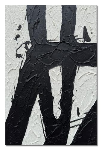 Hand Painted Black and White 24x36 Wall Art, Black and White Paintings Vertica Texture Abstract Wall Canvas Contemporary Art Minimalist Home Decorations Framed Artwork Wall - color: BL-064