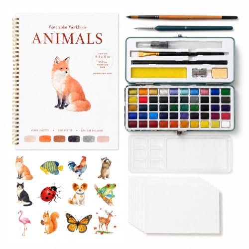Drawmend Watercolor Paint Set & Workbook for Beginners, 50 Colors, 4 Brushes, 12 Step-by-Step Projects, 300 GSM Paper, 11 x 8.3 in Lay-Flat Book for Adults,Creative Art Gift (Animals, with Palette) - color: Animals, size: With Palette