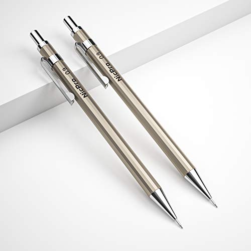 Nicpro 2 PCS 0.9 mm Metal Mechanical Pencils Set, Drafting Pencil for Artist Writing, Sketching, Drawing, with 4 Tubes HB Lead Refill & Erasers, Erasers Refills & Storage Case