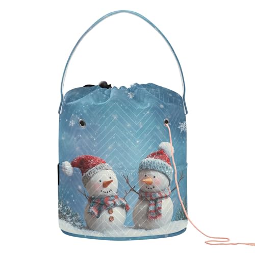 Yarn Bag Small Crochet Bag Drawstring Yarn Storage Organizer Knitting Project Bags Potable Yarn Holder with Holes Handle Crocheting Needles Knitting Accessories Blue Snowmen - color: Blue Snowmen