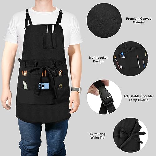 MyLifeUNIT Artist Apron, Adjustable Painting Apron with 10 Pockets for Arts and Craft, Black Canvas Pottery Apron for Women Men (Shoulder Straps Apron)