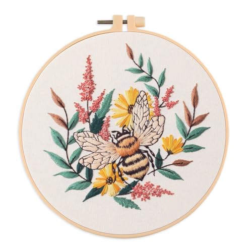 Meecaa Bee Flower Animal Embroidery Kit Starter Set, Hand Embroidery Set,Pattern Printed Cross Stitch Set for Beginner Adults, with Embroidery Hoop and Instructions (Bee 3) - color: Bee 3