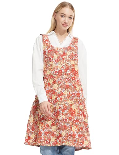 Cozy Adjustable Cross Back Aprons for Women with Pockets Cotton Linen Cooking Kitchen Baking - color: Red Floral