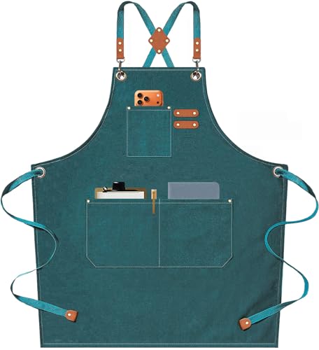 Chef Aprons for Men Women with Oversized Pockets, 16-Ounce Cotton Canvas Cross Back Heavy Duty Work Apron (Dark Green) - color: Dark Green