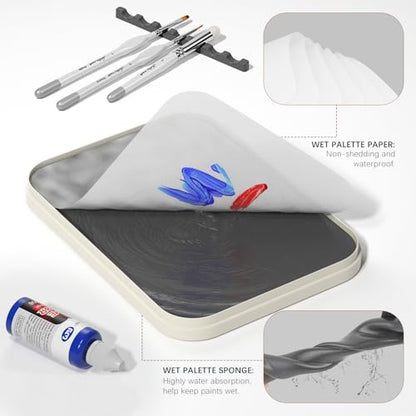 golden maple Wet Pallet for Painting Miniatures 2 in 1 Dry and Wet Palette with Lid, Including 11 Miniature Paint Brushes,100PCS Palette Paper, 4PCS Sponges, Paint Brushes Holders - color: White+Gray