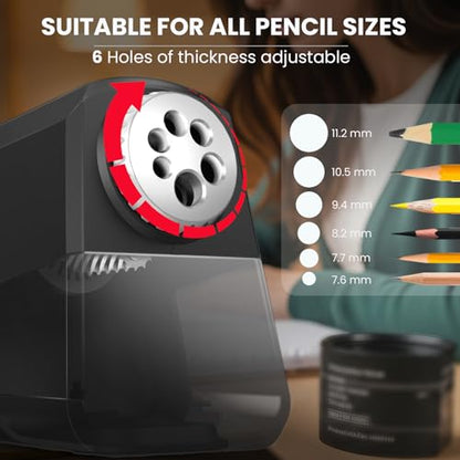 Heavy Duty Electric Pencil Sharpener – 6-Hole for 6-12mm Pencils, Auto Start/Stop, Fast 4s Sharpening, Zinc Alloy Blade, 10,000+ Sharpenings – Ideal for Classroom, Office & Art Use(S260) - color: Black