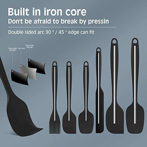 Permanent Warranty Silicone Spatula Set of 6 Seamless One-Piece Non Stick Heat Resistant up 600°F Kitchen Utensils Cooking Baking (Black)