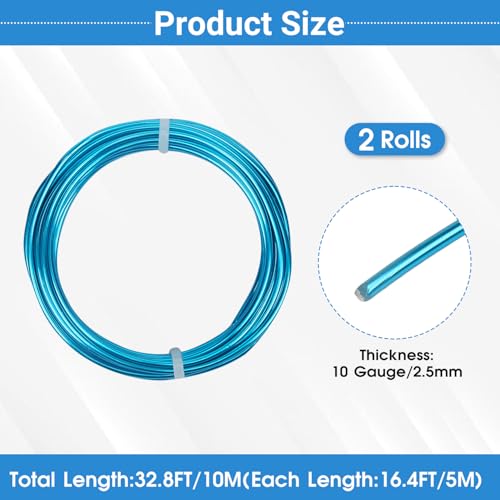 2 Rolls Aluminum Craft Wire, 10 Gauge (2.5mm) Flexible Metal Wire for Jewelry Making, 32.8 Ft (16.4 Ft/Roll) Bendable Armature Wire for Bonsai, Sculpting and DIY Crafts [Aqua Blue] - size: 10Gauge 16.4Ft Each, style: Aqua Blue