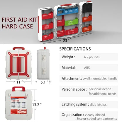 Large First Aid Kit for Business- Plastic Wall Mounted First Aid Box,Hard Case First Aid Kit, Emergency Kit for Car,Home,Offices - 408 Piece - color: White