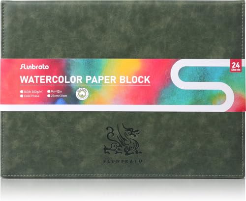 FLUNBRATO Watercolor Paper Block 9 x 12 Inch, 100% Cotton Cold Press Paper | 24 Acid-Free sheets Faux Leather Cover Includes Block Opener Tool For Watercolor, Gouache, Ink & Mixed Media Artist Quality - color: Green