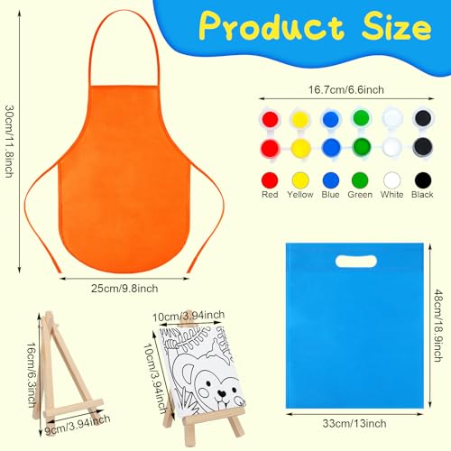 Tenceur 48 Pcs Kids Paint Party Favors Sets with 12 Pcs Animals Pre Drawn Canvas Panel and Wooden Easel Set Paint Pots and Brushes 12 Mini Apron and Tote Bag for Kids Girls Student Boys - style: Stylish