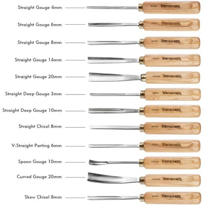 12-Piece Wood Carving Chisel Tools Set, Sharp CR-V Steel Blades | Precision woodworking tool kit with ash handles & canvas bag. Razor sharp 60CR-V blades for beginners and professionals - size: 12-Piece with Ash Handle
