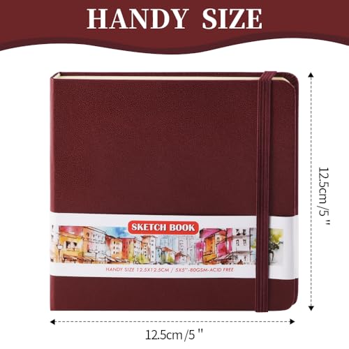 5x5 Pocket Sketch Book,80gsm Hardcover Art Sketchbook for Drawing Journal | PU Cover,Blank Paper,96Sheets/192Pages,Lay-Flat,Portable Travel Creation Paint Diary Memo Planner,Dry Media.Dark Red - color: PU Cover-5x5in-Dark Red