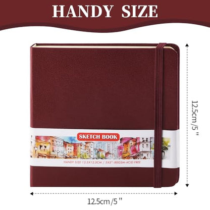 5x5 Pocket Sketch Book,80gsm Hardcover Art Sketchbook for Drawing Journal - color: PU Cover-5x5in-Dark Red