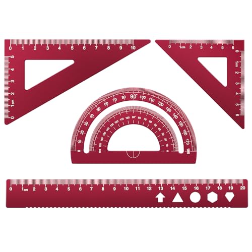 MSDADA Triangle Ruler and Protractor Set, 4 Pieces Aluminum Alloy Ruler Kit, Geometric Protractor for Student, School, Home, Office (Red, 20cm/7.87inch) - color: Red, size: 20cm