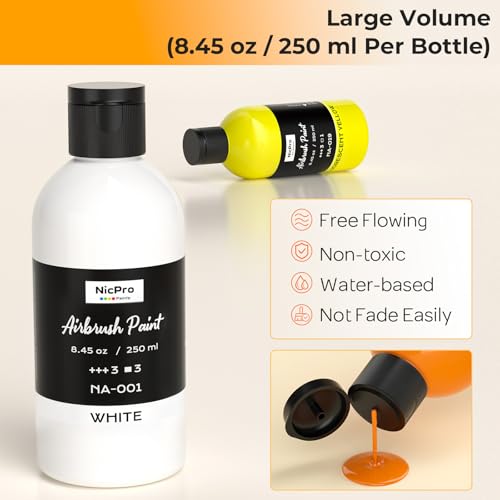 Nicpro 24 Colors Large Airbrush Paint (8.45 oz, 250 ml), Ready to Spray | Airbrush Paint Set, Opaque Water-Based Acrylic Air brush Paints Bulk for Model, Metal, Plastic, Wood, Canvas, with 1 Thinner - size: 8.45 Fl Oz (Pack of 25)