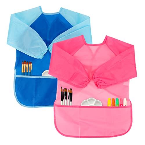 CUBACO Kids Painting Apron, 2pcs Waterproof Art Smocks For Child 3-8 Years, Kids Smocks for Painting Aprons with Long Sleeve - color: Blue&pink